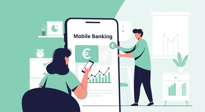 People interacting with mobile banking app on smartphone, showing financial data and euro symbol, in a modern, clean style. - Powered by Adobe