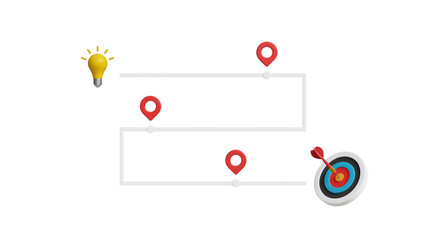 Business and project roadmap. Strategic planning process, working progress, steps in a project or waypoint icon, goal achievement. Roadmap with target goal. 3D Transparent or PNG