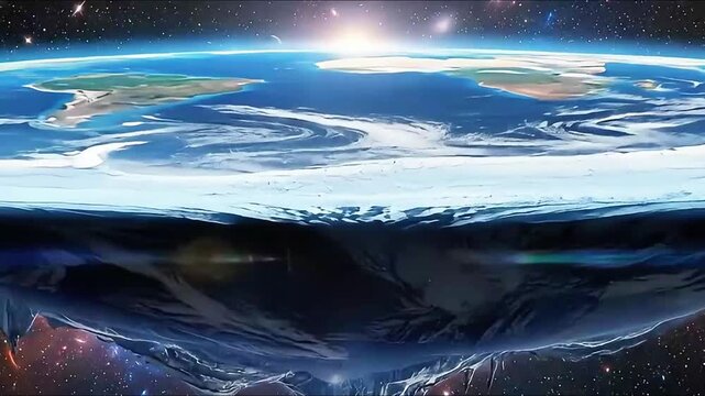 flat earth world suspended majestically in the vast, star-filled cosmic universe, illustrating an alternative geological model with a rugged underside, illuminated by a distant sun.