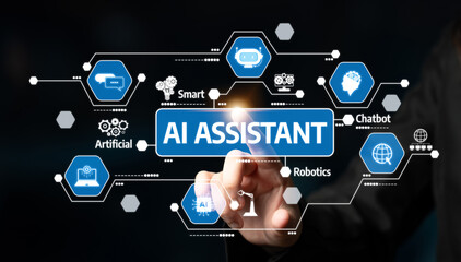 A person engages with an advanced digital interface that features various icons representing AI assistant technology, showcasing modern innovation and interaction. Tessel