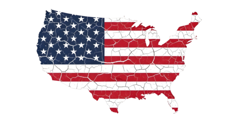 Cracked USA Map Silhouette Filled with Distressed American Flag Texture Isolated on White Background
