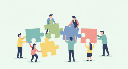 Business team assembling jigsaw puzzle, teamwork and partnership concept