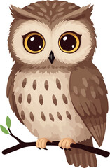 Cute Brown Owl Sitting On A Branch With Big Eyes Vector Art