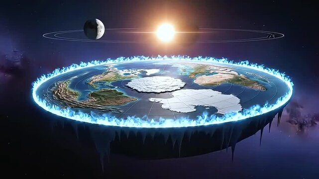 Flat earth model with an illuminated sun and two orbiting moons in a vast star-filled cosmos, showcasing continents, oceans, and antarctic ice wall with icicles below