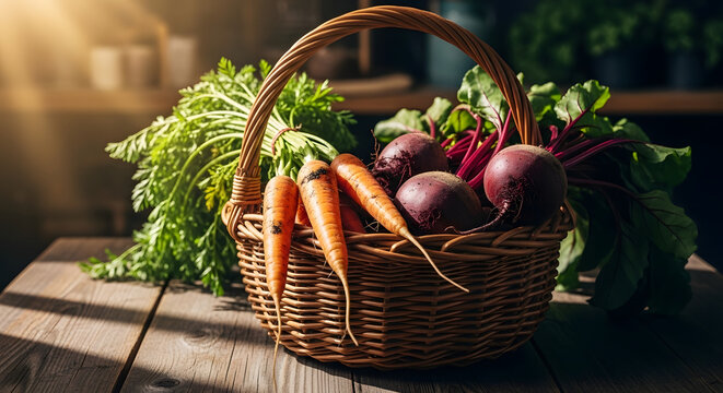 Rustic wicker basket of fresh organic carrots, beets, and leafy greens, sun-drenched on wooden table, symbolizing healthy harvest