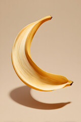 A floating peeled banana with a beige background 