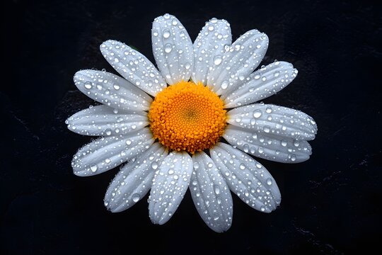 A macro shot of a daisy with raindrops delicately resting on the petals