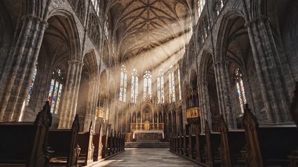 Sunbeams illuminating a grand church interior with wooden pews and stained glass windows - Powered by Adobe