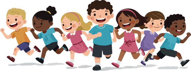 Diverse Group Of Happy Kids Running Together In Bright Casual Outfits