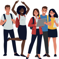 Obraz premium Diverse Group Of Students Cheerful With Backpacks And Tablets