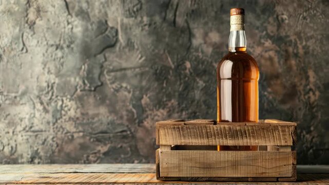 Bottle of liquor in wooden crate against rustic textured wall