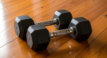 A pair of black hexagonal dumbbells with chrome handles resting on a shiny wooden floor, for fitness, strength training, and bodybuilding workouts