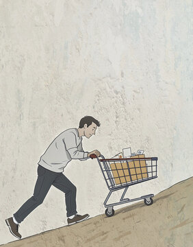 Struggling With Rising Expenses While Pushing a Shopping Cart Uphill