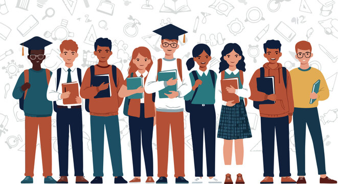 Diverse Students In Caps And Gowns Holding Books And Backpacks - Powered by Adobe