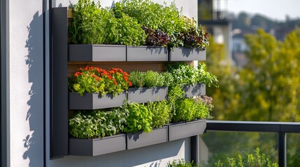 A modern balcony garden with vertical planters full of herbs and edible flowers 
