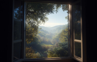 Fototapeta premium Breathtaking valley view unfolds through an open window inviting serene escape into nature's embrace with soft morning light and lush greenery