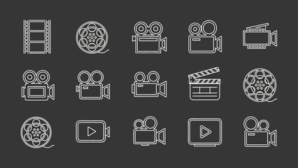 Linear art symbols of the film industry, including video cameras and cinema equipment icons