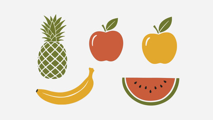 Collection of fresh fruit illustrations including pineapple, apple, banana, and watermelon slices