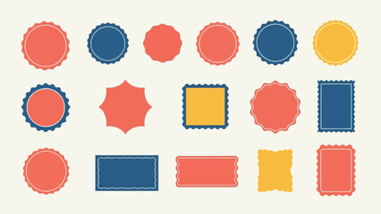 A diverse collection of colorful retro badge and stamp shapes for design elements and labels