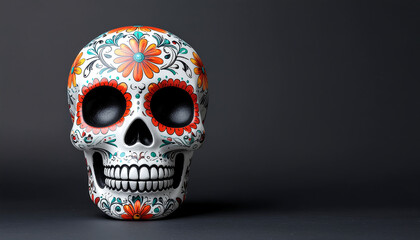 Ornate sugar skull with colorful floral designs and black eye sockets, set against a dark gray background.