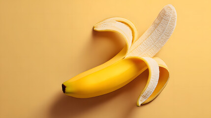A partially peeled banana on a yellow surface, ready to be enjoyed. The bright yellow color of the fruit contrasts with the creamy interior.