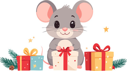 A cute cartoon mouse holding a gift box surrounded by presents and festive decorations.