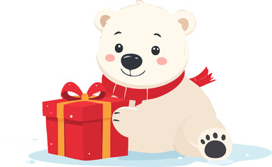 A cute cartoon polar bear wearing a red scarf sits happily next to a festive red gift box with a golden ribbon, on a snowy surface.