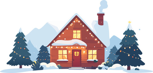 A cozy, festive illustration of a house decorated for Christmas, with snow and trees.