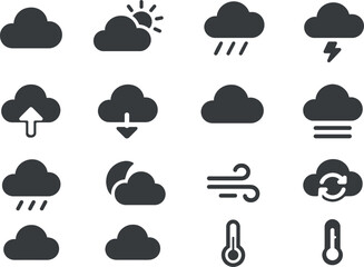 A minimal solid color 16-icon set representing clouds and weather. Includes cloud, sun behind cloud, rain cloud, storm, lightning, snow cloud, upload, download, storage, fog, drizzle, moon cloud, wind