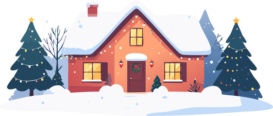 A cozy winter scene featuring a snow-covered house decorated for Christmas with festive lights and trees.