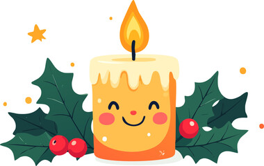 A cute cartoon Christmas candle with a smiling face surrounded by holly leaves and berries.