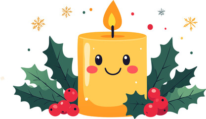 Cute cartoon yellow candle with a happy face, surrounded by festive holly leaves, red berries, and snowflakes, evoking a warm holiday spirit.