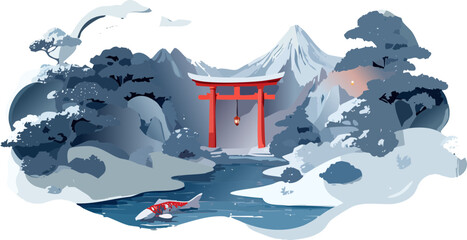 A serene landscape featuring a red torii gate, snow-covered mountains, and a koi fish swimming in a river.