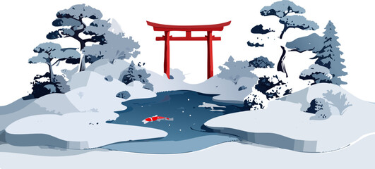 Animated Japanese winter landscape with a red torii gate and koi fish swimming in a frozen pond under falling snow.