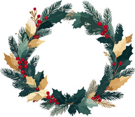 Festive watercolor Christmas wreath with evergreen branches, red berries, and golden leaves on a white background.