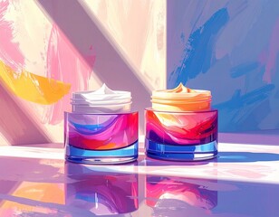 Two vibrant cosmetic cream jars with artistic colorful designs reflecting on a glossy surface, bathed in bright, soft sunlight creating dynamic shadows and a modern aesthetic