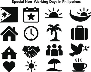 16 Special Non-Working Day Solid Black Silhouette Icons Set of the Philippines on White Background