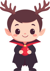 A cute cartoon boy in a vampire costume with reindeer antlers holding a red Christmas ornament.
