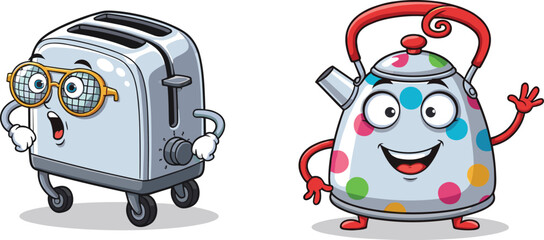 Funny cartoon toaster and kettle with human faces, kitchen appliance characters, smiling kettle, surprised toaster, cute anthropomorphic design, vector illustration