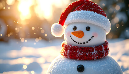 A cheerful snowman with a red Santa hat and scarf stands in the snow, illuminated by warm sunlight.