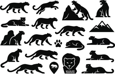 16 Snow Leopard Silhouette Icons of India on White Background