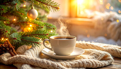 Steaming cup of coffee sits on a knitted blanket near a Christmas tree, with a window and snowy landscape in the background.