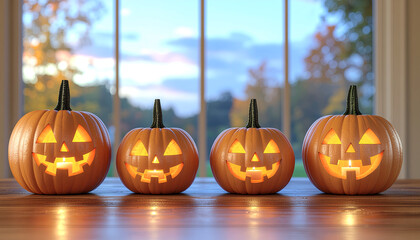 Four illuminated jack-o'-lanterns with carved faces, arranged on a wooden surface, with a window view.