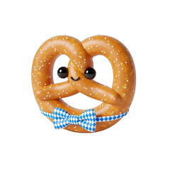 Cute pretzel character with bavarian bow tie for oktoberfest on white background