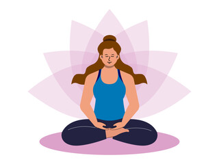 Happy woman with closed eyes sitting in lotus position. Meditation vector illustration. Flat illustration concept.