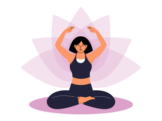 Young woman doing balance and meditation pose. Meditation vector illustration. Flat illustration concept.