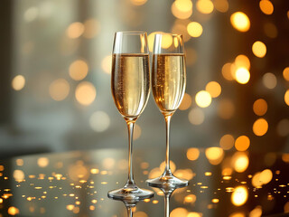 Two champagne flutes filled with sparkling wine stand on a reflective surface, illuminated by soft, golden bokeh lights in the background.