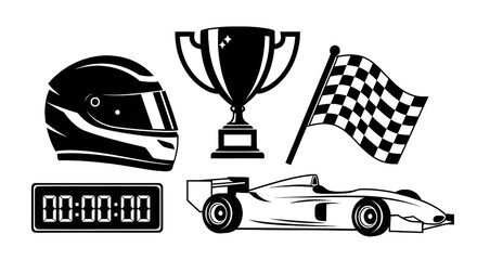 Racing themed vector set of car, helmet, trophy, flag, timer on white background