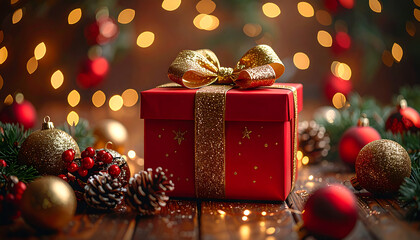 A festive red gift box with a golden bow, surrounded by Christmas decorations and lights.