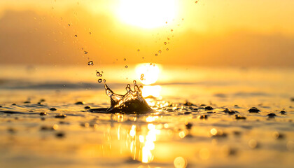 Water splash in golden light with sun reflecting on the surface, creating a dynamic and serene scene.